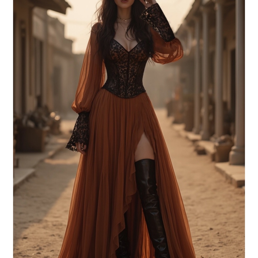 Boho Dress Brown V Neck Lace Chiffon Long Sleeve High Slit Maxi Dress